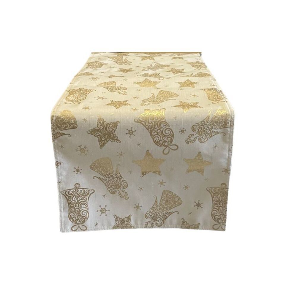 Christmas Table Runner 14 x 72 Decorative White and Gold Angel Chimes Polyester